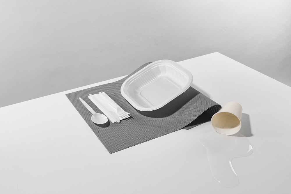 piatto compostabile con bicchiere e posate